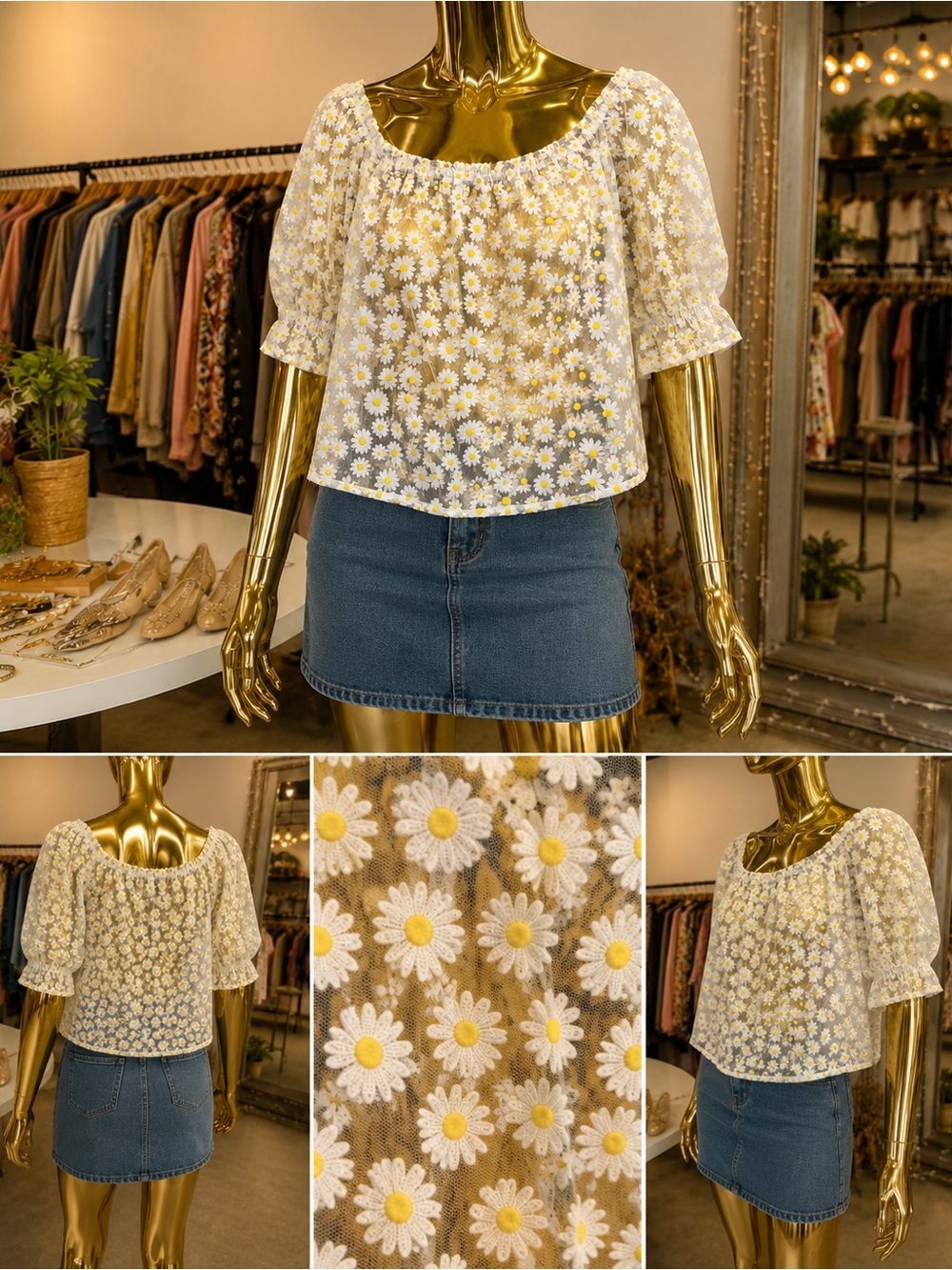 Forever 21 Sheer Daisy Mesh Blouse Size Medium | White Yellow Puff-Sleeve Layeri